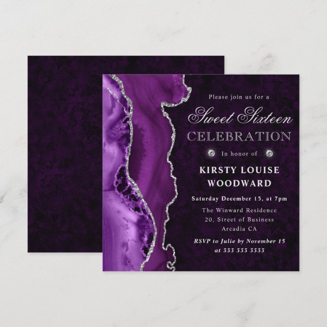 Invitation Violet et argent paillettes d'agate pour un Sweet  (Devant / Derrière)