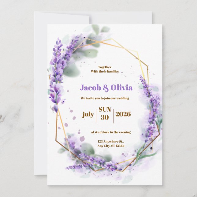 Invitation Violet et blanc avec Lavender Wreath Mariage Invi (Devant)