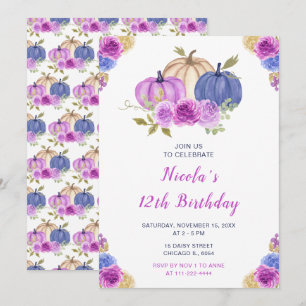 Invitation Violet et bleu marine Floral Citrouilles Anniversa