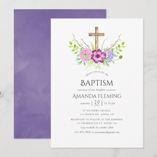 Invitation Violet et Fleur Plum Baptême ou Christening (Devant / Derrière)
