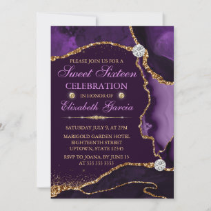 Invitation Violet et Or Fausse Agate Brillante Sweet Sixteen