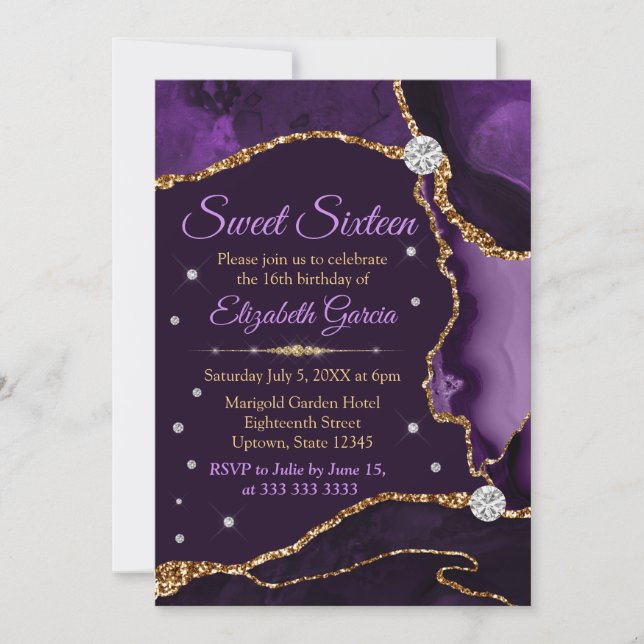 Invitation Violet et Or Faux Paillettes Agate Sweet 16 (Devant)
