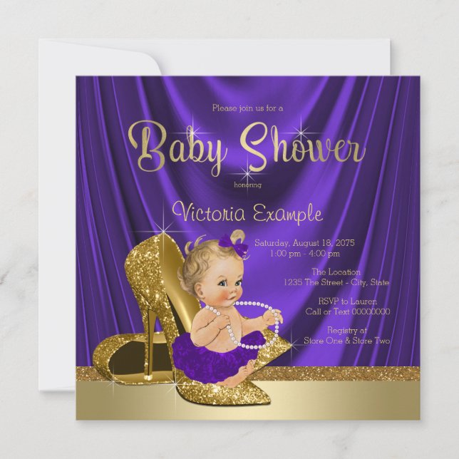 Invitation Violet et or haute talon Chaussure Baby shower fil (Devant)