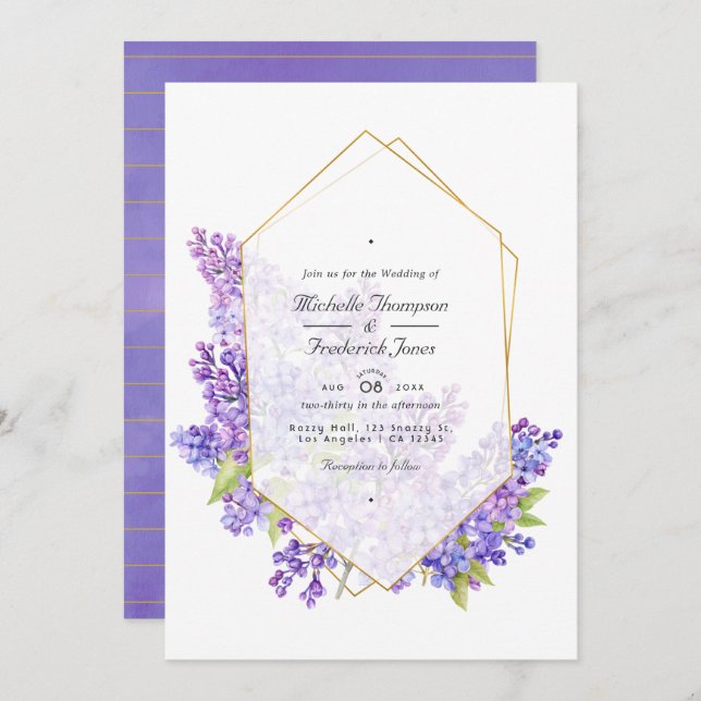 Invitation Violet et or Herbarium QR Code RSVP Mariage (Devant / Derrière)