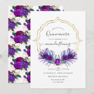 Invitation Violet et Or Paon Floral Vintage Quinceañera
