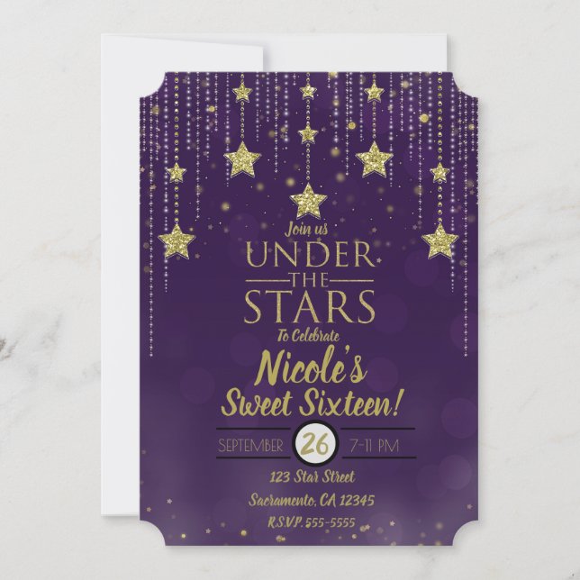 Invitation Violet et Or sous les étoiles Douce 16 étoilée (Devant)