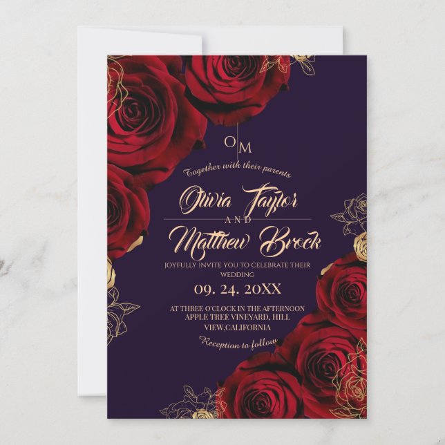 Invitation Violet et or vernis Rose rouge Mariage (Devant)