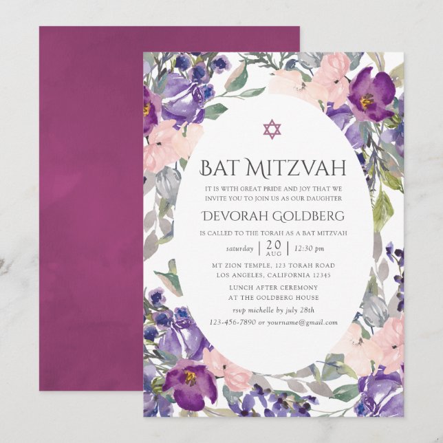 Invitation Violet et Plum Floral Bat Mitzvah (Devant / Derrière)