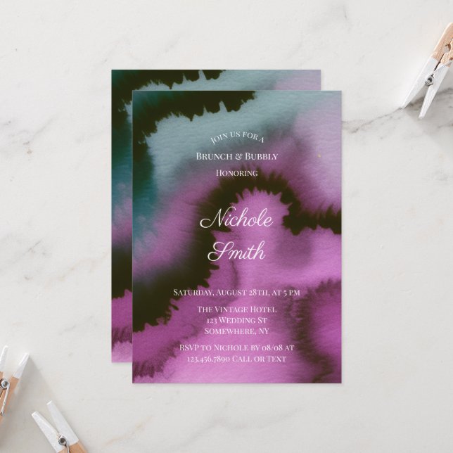 Invitation Violet et sarcelle abstraits lunatiques Brunch & B (Devant/Arrière en situation)
