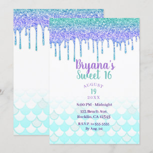 Invitation Violet et sarcelle goutte de paillettes aqua sirèn