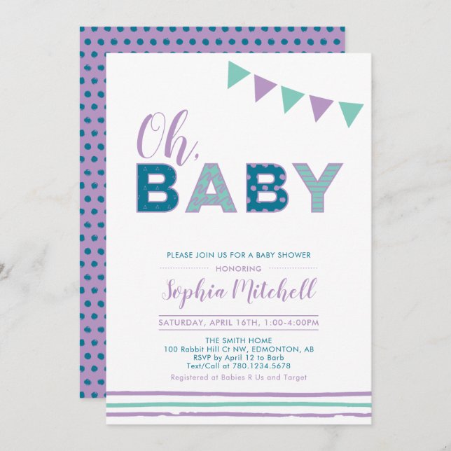 Invitation Violet et Turquoise | Typographie moderne Baby sho (Devant / Derrière)
