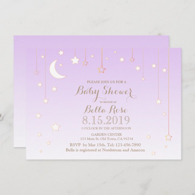 Invitation Violet étoile lune bébé baby shower fille (Devant / Derrière)