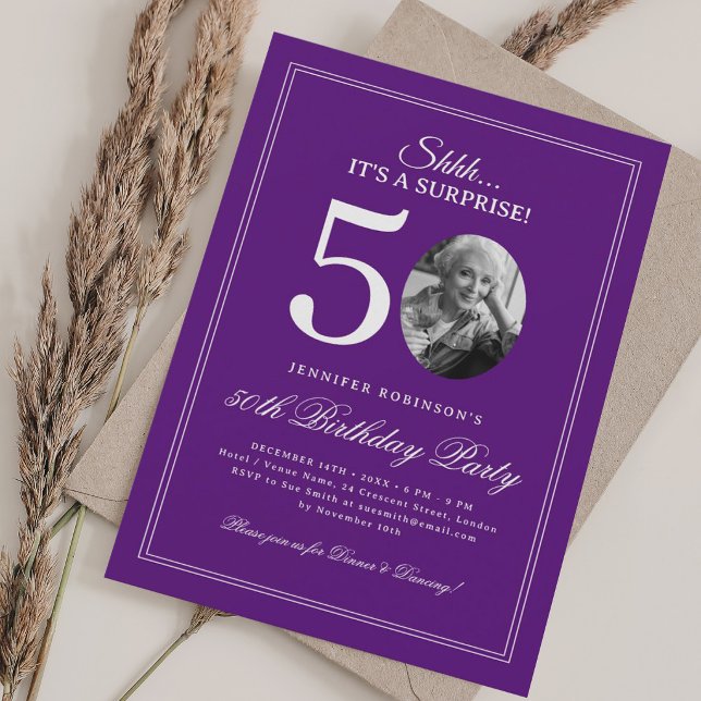 Invitation Violet | Fête surprise pour 50e anniversaire (Purple | Surprise 50th Birthday Party Invitation)
