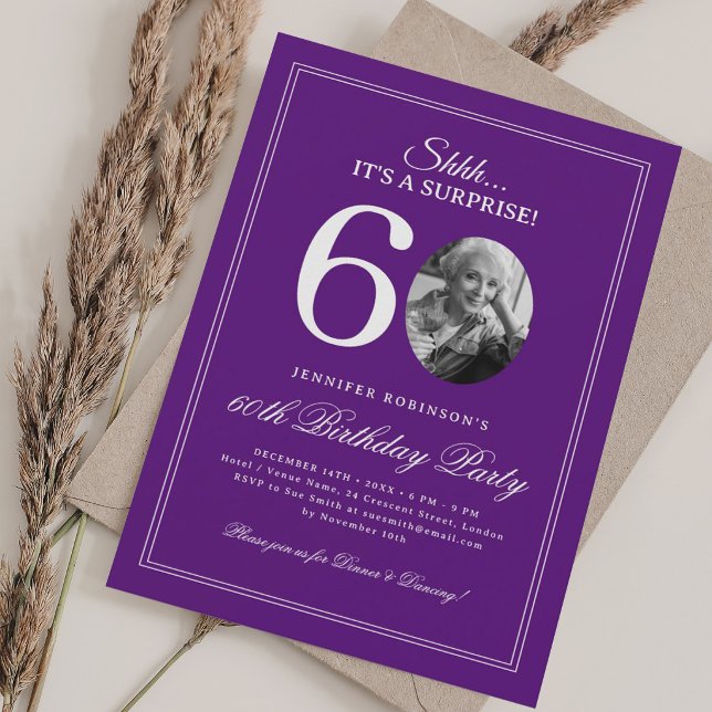 Invitation Violet  | Fête surprise pour 60ème anniversaire (Purple | Surprise 60th Birthday Party Invitation)