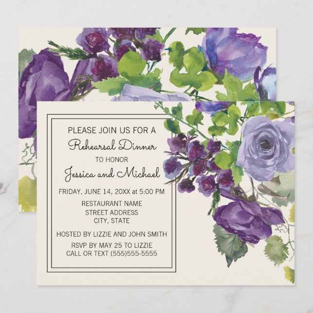 Invitation Violet Fleur d'aquarelle Ivoire  Répétition (Devant / Derrière)
