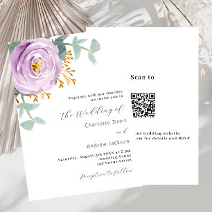 Invitation Violet fleuri code QR RSVP mariage de luxe