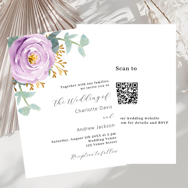 Invitation Violet fleuri code QR RSVP mariage de luxe (Créateur téléchargé)