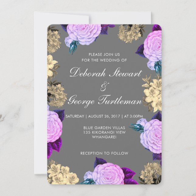 Invitation Violet Floral Bohème Gris Foncé Changeant Charbon (Devant)