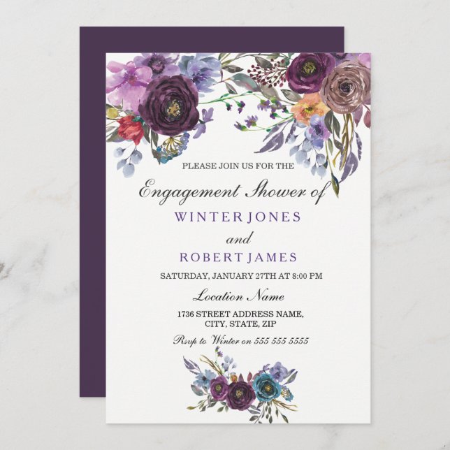 Invitation Violet Floral Mariage d'hiver Enagagement Douche (Devant / Derrière)