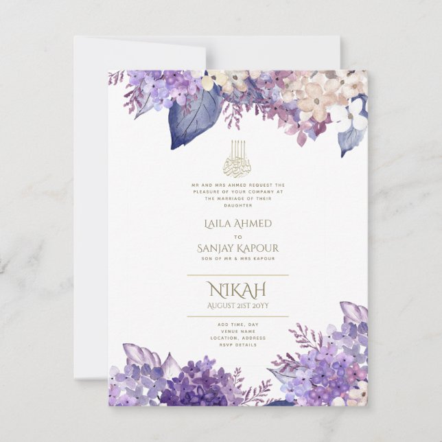 Invitation Violet Floral Nikah Walimah Mariage islamique Invi (Devant)