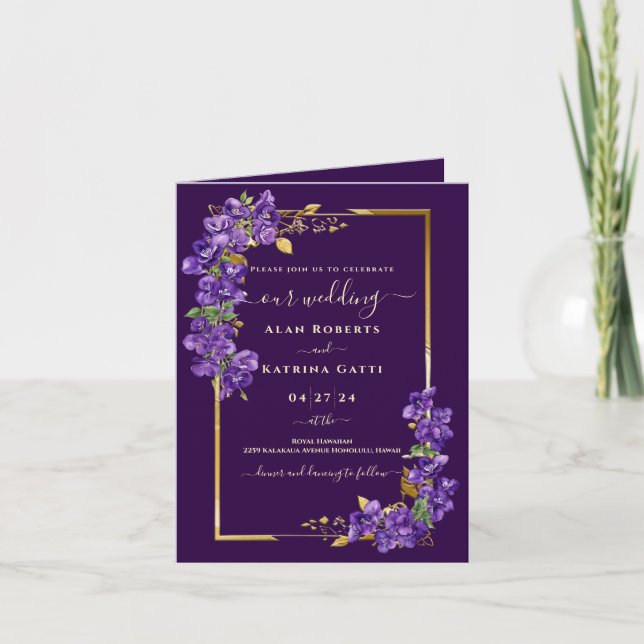 Invitation Violet Floral Profond Pourpre Cadre Doré Plié (Devant)
