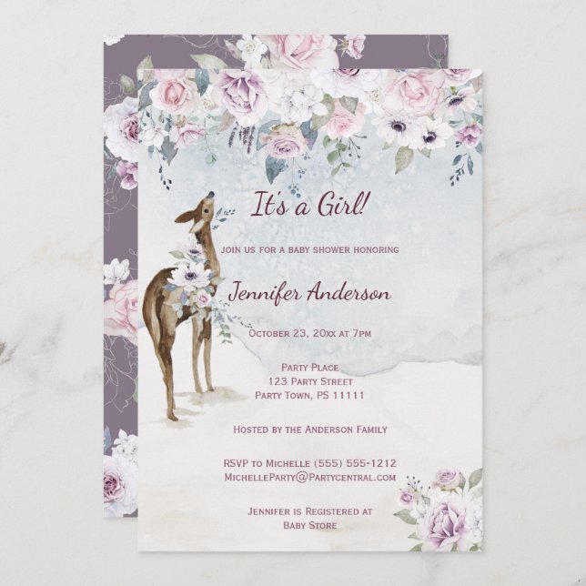 Invitation Violet Floral Rose Deer Girl Baby shower (Devant / Derrière)