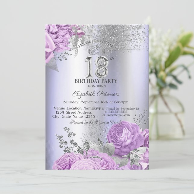 Invitation Violet Flowers Glitter Lilac 18th Birthday   (Debout devant)