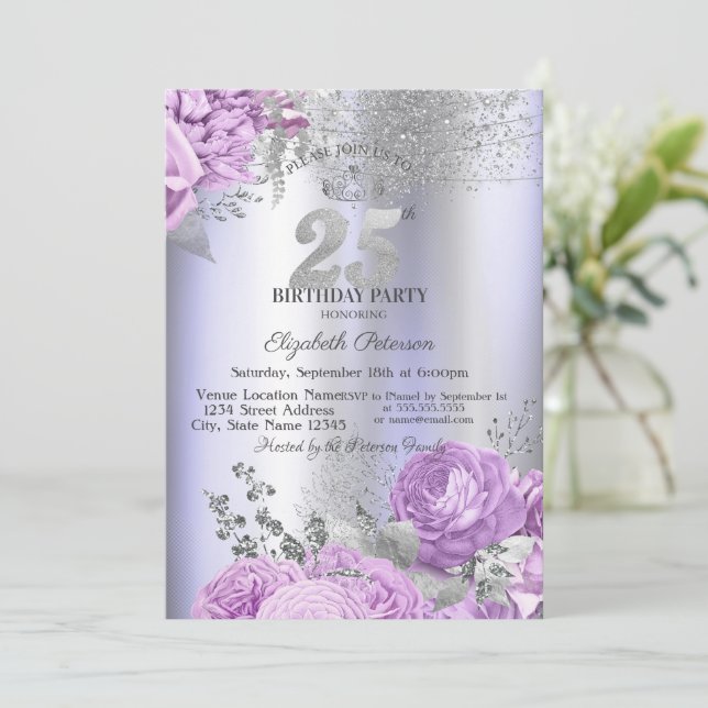 Invitation Violet Flowers Glitter Lilac 25th Birthday   (Debout devant)