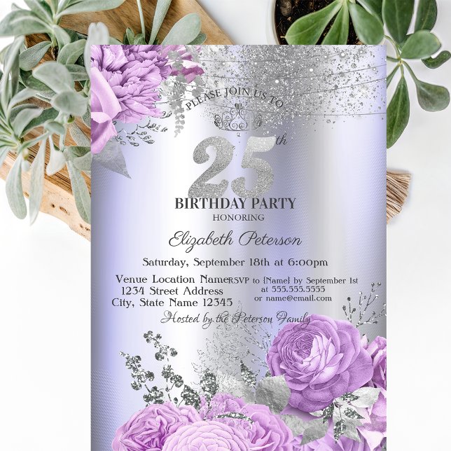 Invitation Violet Flowers Glitter Lilac 25th Birthday   (Créateur téléchargé)