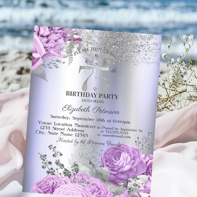 Invitation Violet Flowers Glitter Lilac 75th Birthday   (Créateur téléchargé)