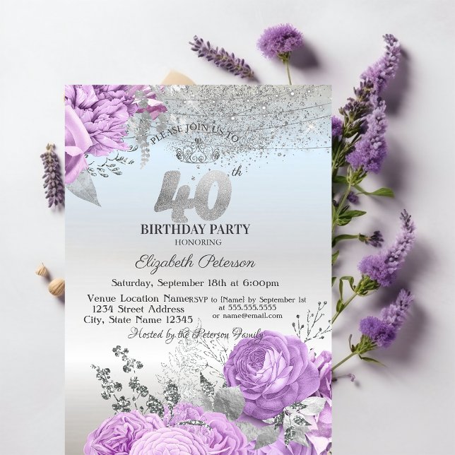 Invitation Violet Flowers Glitter Silver 40th Birthday   (Créateur téléchargé)