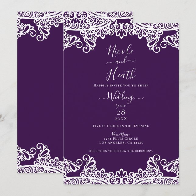 Invitation Violet Foncé et Blanc Dentelle Élégant Mariage (Devant / Derrière)