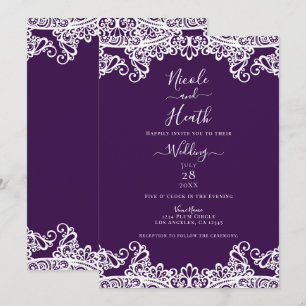 Invitation Violet Foncé et Blanc Dentelle Élégant Mariage