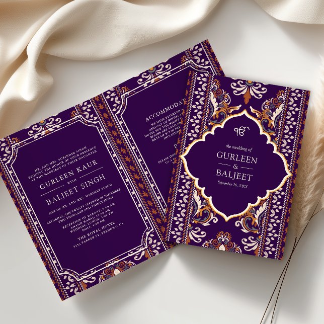 Invitation Violet foncé Jaune Ikat Combinaison Sikh Mariage (Créateur téléchargé)