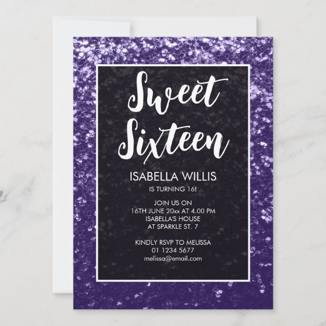 Invitation Violet foncé violet brillant Sweet 16 élégant scri (Devant)