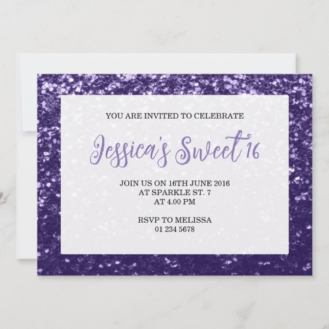 Invitation Violet foncé violet brillant Sweet 16 élégant scri (Devant)