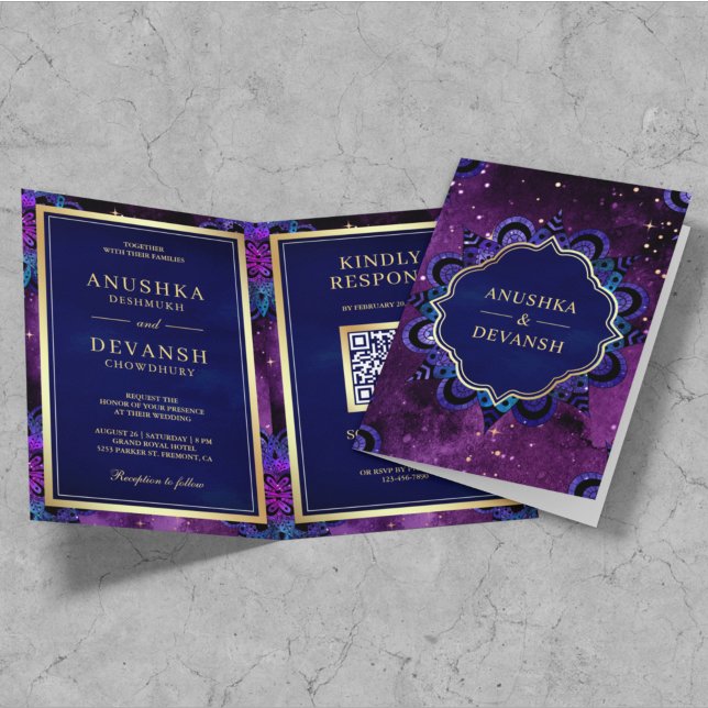 Invitation Violet Galaxy bleu Mandala QR Code Mariage indien (Créateur téléchargé)