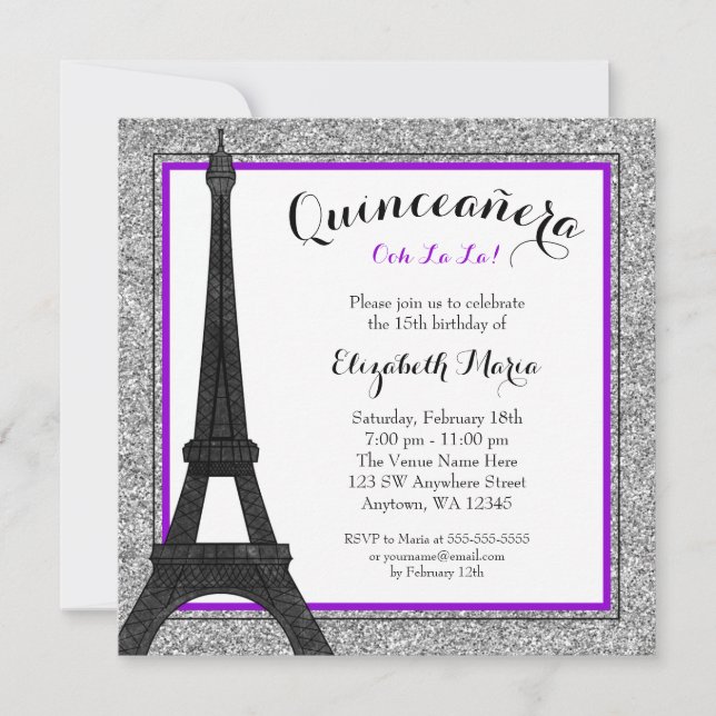 Invitation Violet Glam Paris Faux Parties scintillant d'argen (Devant)