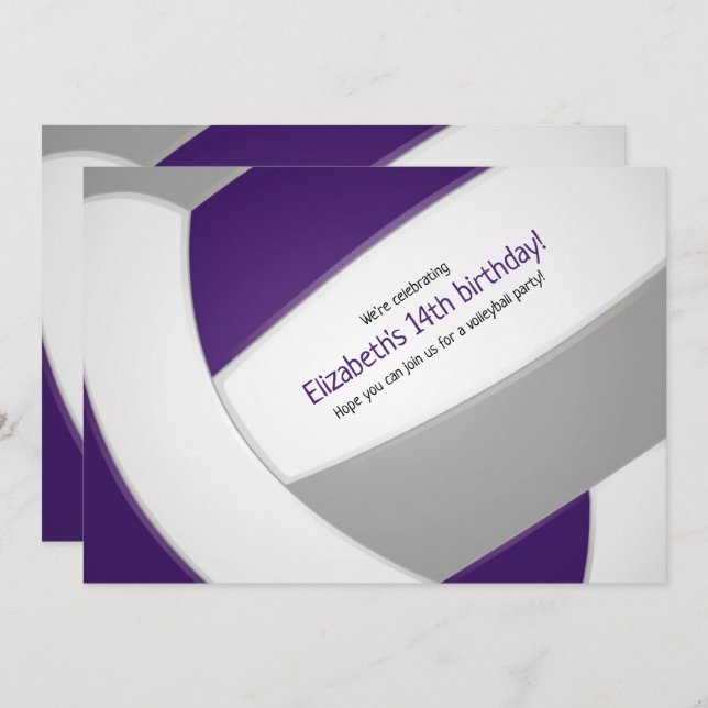 Invitation violet gris volley filles garçons fête d'anniversa (Devant / Derrière)