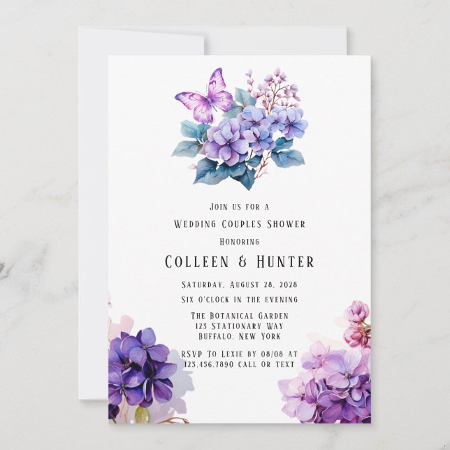 Invitation Violet Hydrangea Floral Butterfly Wedding shower (Devant)