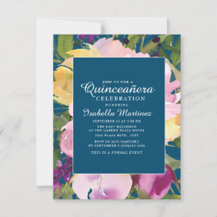 Invitation Violet Jaune Floral Marine Bleu Quinceañera
