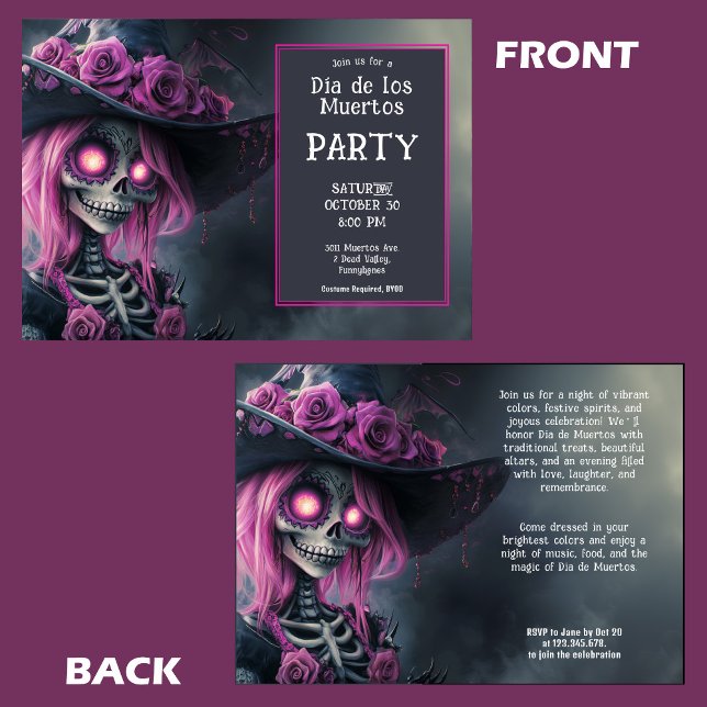 Invitation 💀 Violet La Calavera en casquette avec fleurs (💀 Purple La Calavera in hat with flowers Invitation)