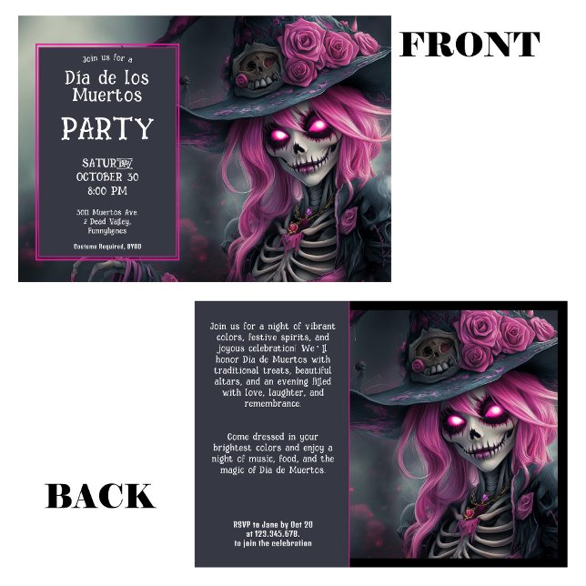 Invitation 💀 Violet La Calavera en casquette avec fleurs (💀 Purple La Calavera in hat with flowers Invitation with customizable text)