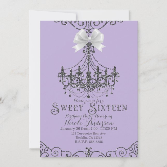 Invitation Violet Lavande Argent Blanc Ruban Douce Seize Seiz (Devant)