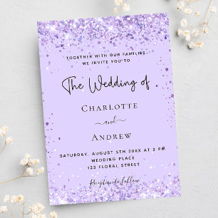 Invitation Violet lavande confetti script luxe mariage