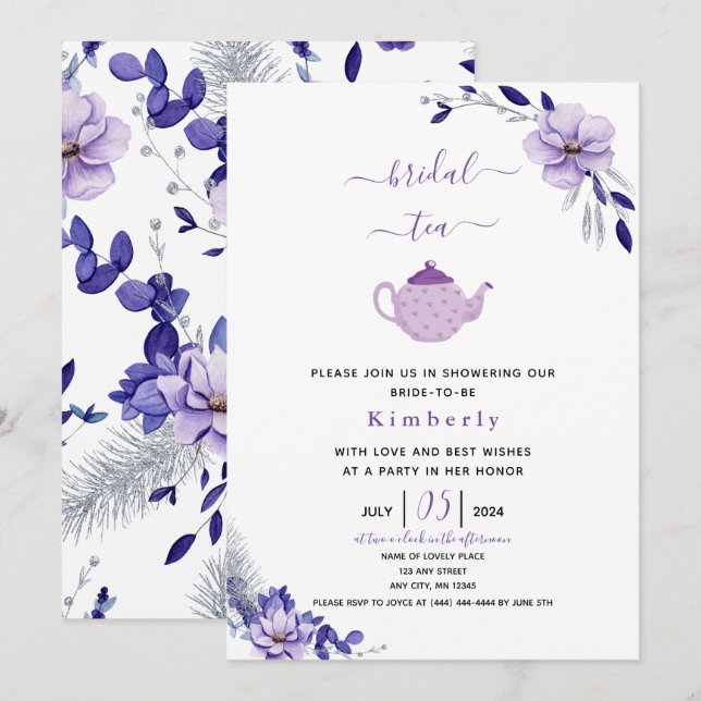 Invitation Violet Lavande et Argent Floral Thé nuptial (Devant / Derrière)