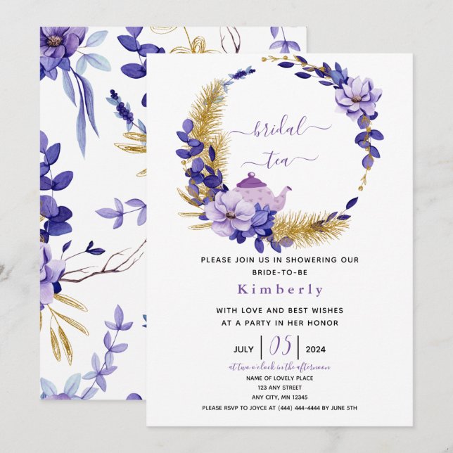 Invitation Violet Lavande & Gold Floral Thé nuptial (Devant / Derrière)