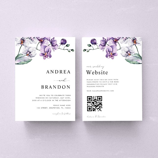 Invitation Violet Lilac Orchid QR Code Tout en un Mariage (Créateur téléchargé)