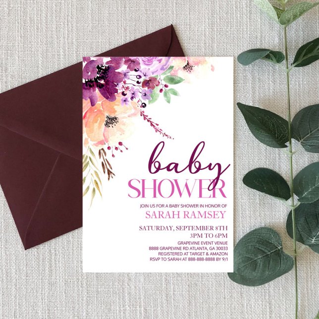 Invitation Violet Magenta Fall Floral Flowers Baby shower (Créateur téléchargé)