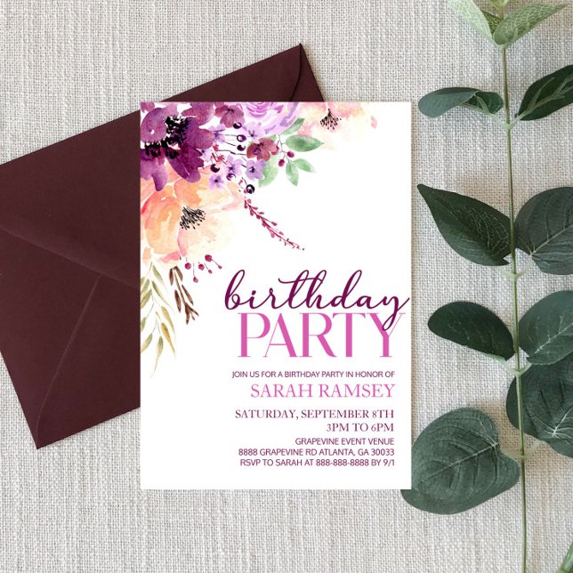 Invitation Violet Magenta Purple Floral Fleur Anniversaire (Créateur téléchargé)